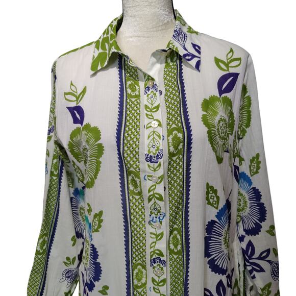 Haute Hippie Sz XS Green White Long Sleeve Floral Button Front Shirt Dress - Picture 2 of 10